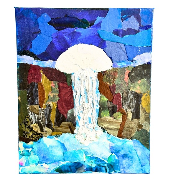 Paper and Acrylic Collage Moonlight Waterfall Handmade Canvas Art